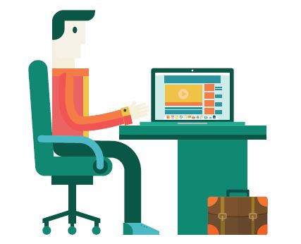 Cartoon man sitting at desk with laptop